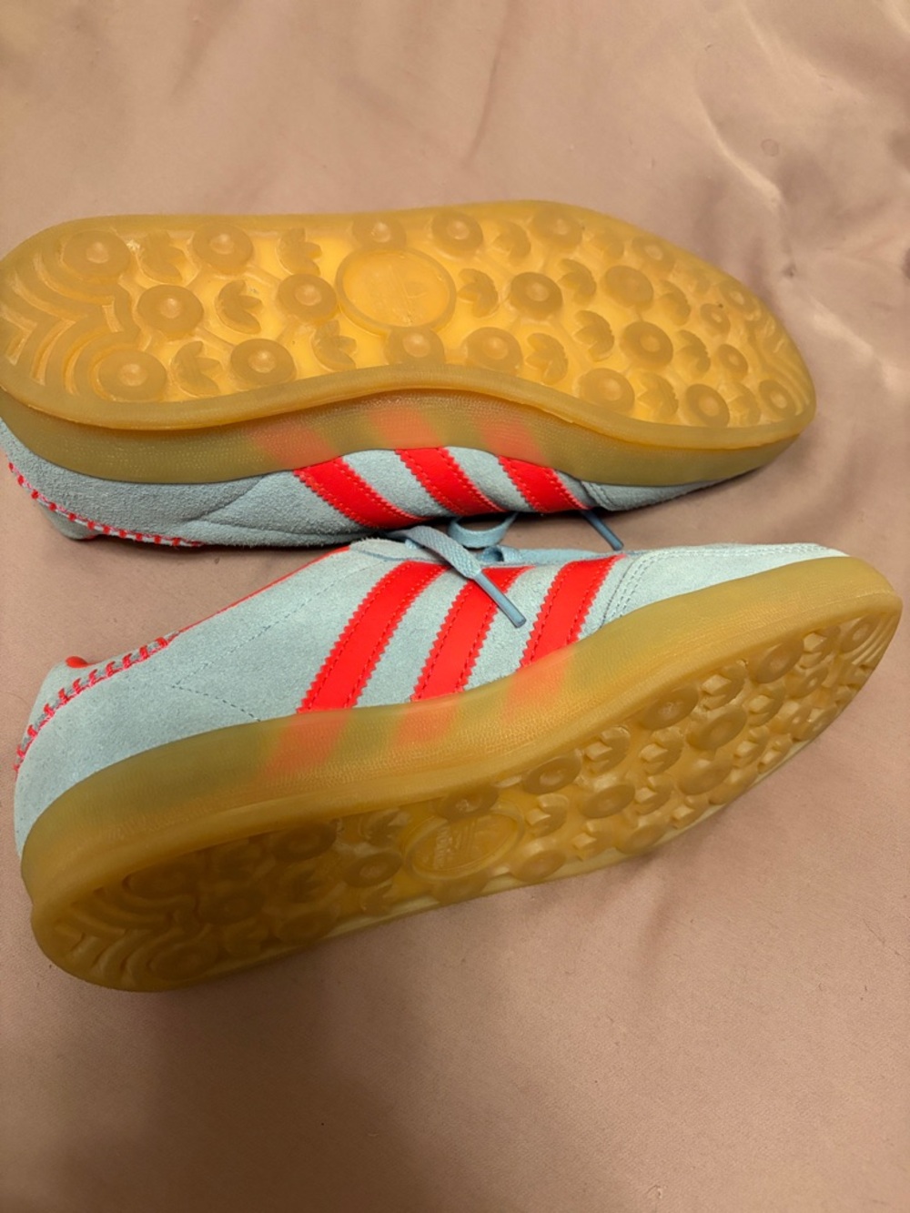 Light Blue Suede Adidas Sneakers with Bright Coral Stripes - Picture 3 of 4